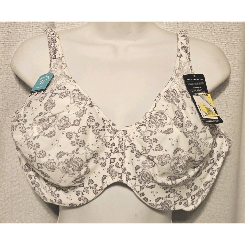 NWT $48 Bali Minimizer Silky Smooth Bra White & Gray Floral Underwire 38DDD